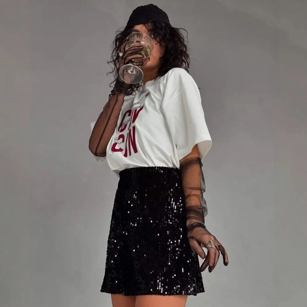 الأمريكية الرجعية خطابات بسيطة المرأة المطبوعة تي شيرت Ins القطن الخالص العصرية زوجين جولة الرقبة الشارع الملابس قصيرة الأكمام قمم