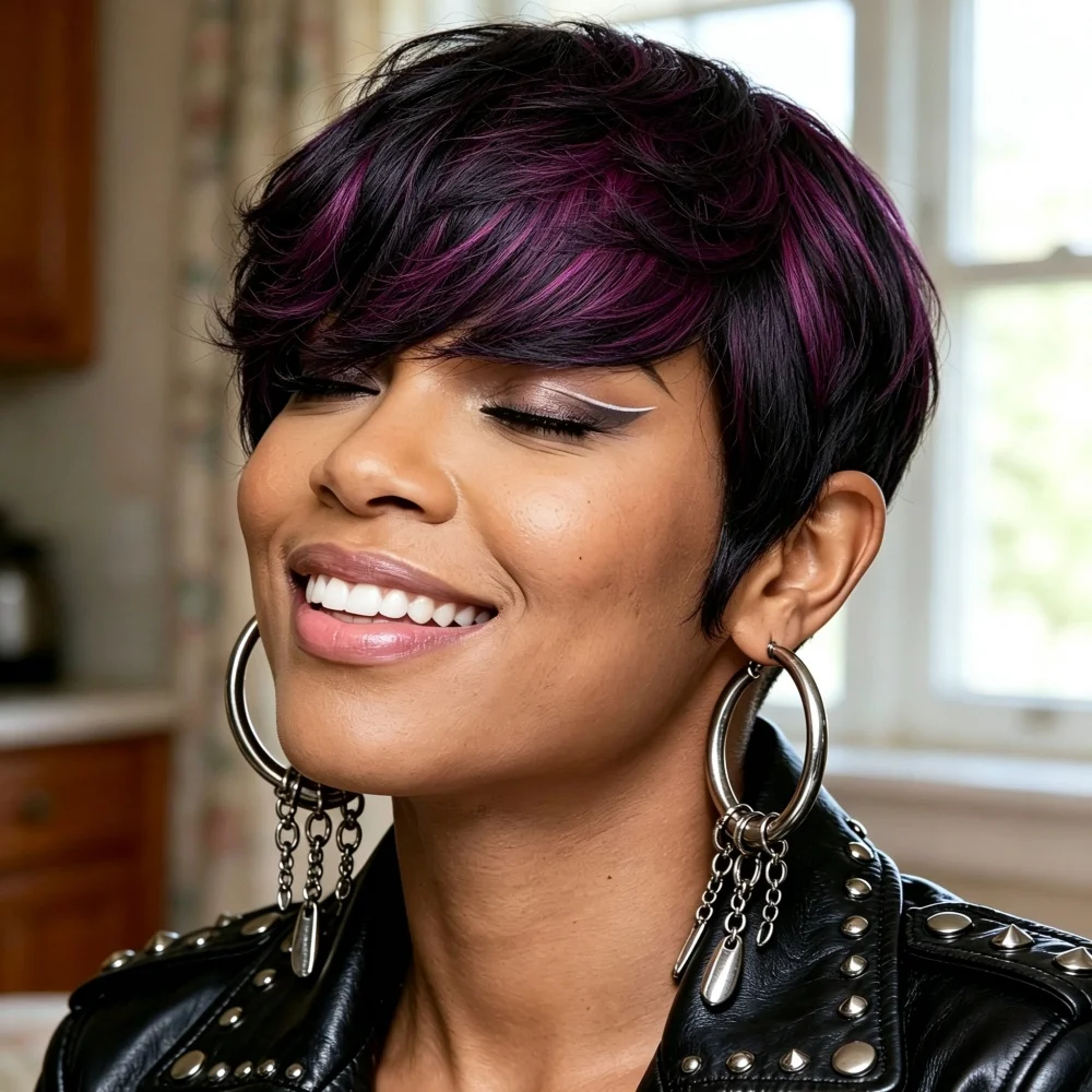 Full Machine Made Human Hair Short Pixie Wig, Black With Purple Highlights Short Layered Wigs for Women, Natural Looking Daily