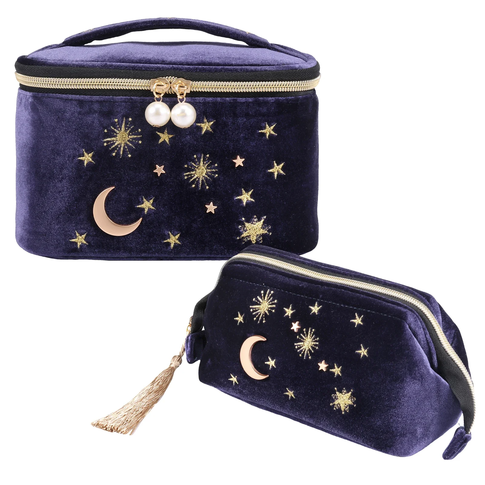 

2Pcs Handy Cosmetic Bag Embroidered Moon Stars Makeup Bag Large Capacity Starry Makeup Pouch with Tassels for Travel Home