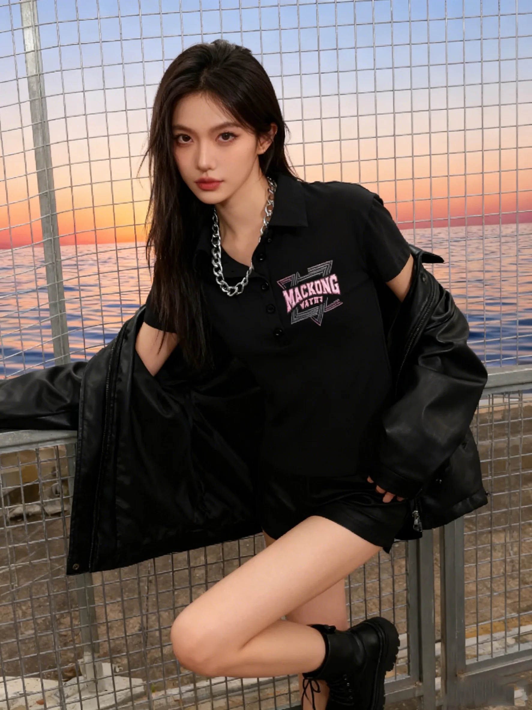 

2025 Women's Black Polo Shirt - Back Graphic & Pink Pattern, Short Sleeve Polo Collar Slim Fit Edgy Streetwear Top Spring Summer