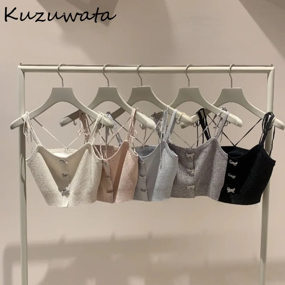 Kuzuwata New Sweet Knit All-match Vest Sling Sweet Temperament Bow Lace Up Fresh Tanks Japan Casual Patchwork Diamond Sexy Camis