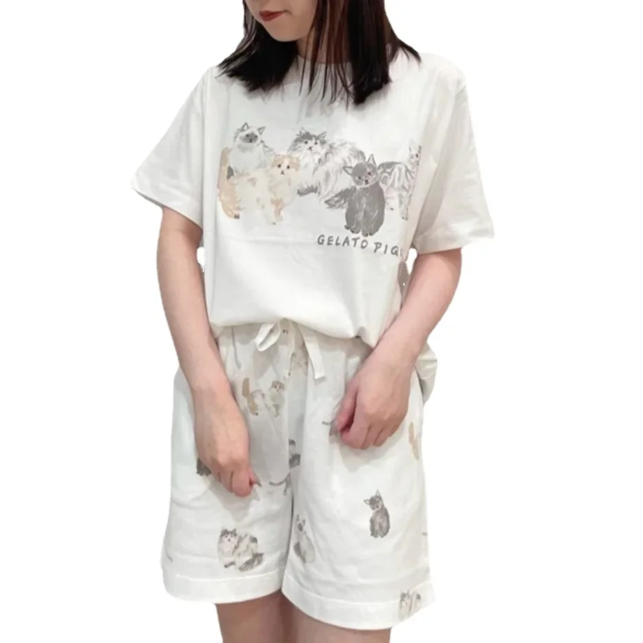 Pajamas Room Wear Ladies Kawaii Cat Shorts Set Homewear Skirt Sleepwear Pajama Loungewear