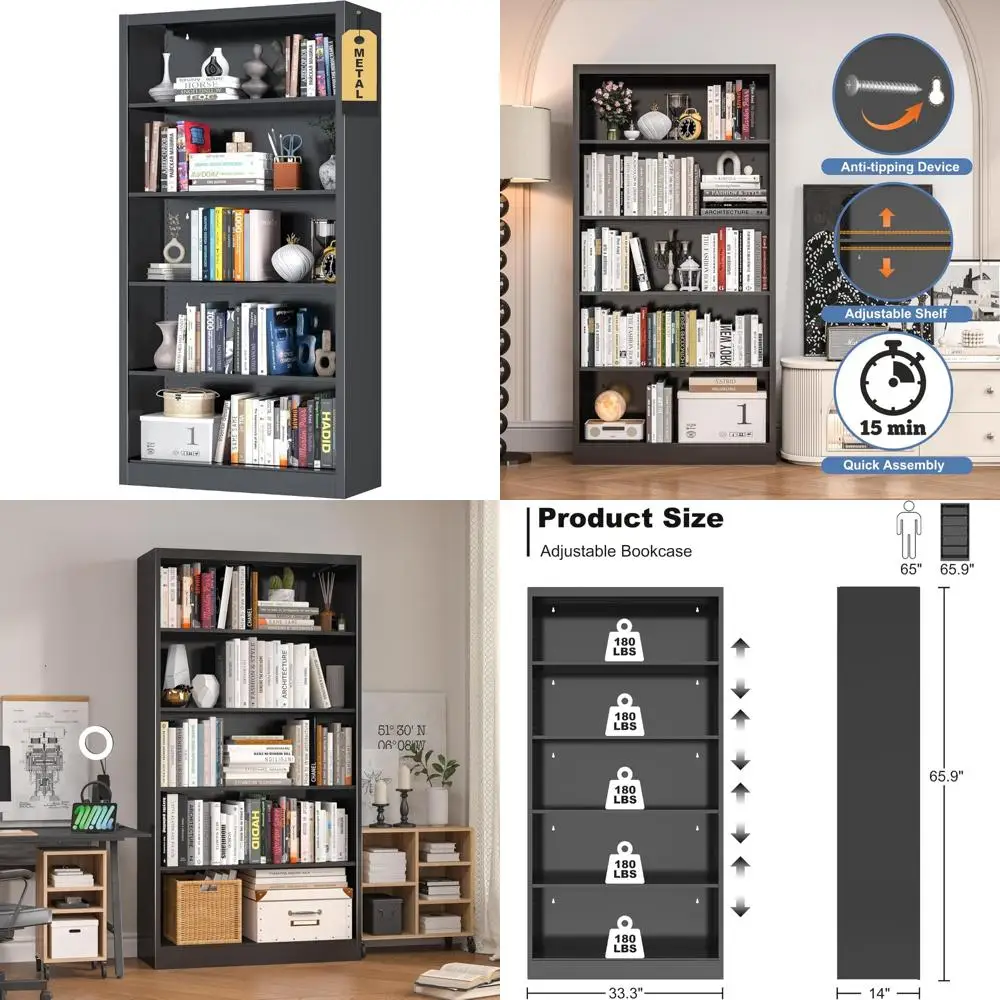 خزانة كتب معدنية ذات 5 أرفف على الطراز الصناعي، 14 عميقة للكتب والديكور والأقراص المضغوطة والأفلام ورف كتب حديث قابل للتعديل بطول 66 طويلًا