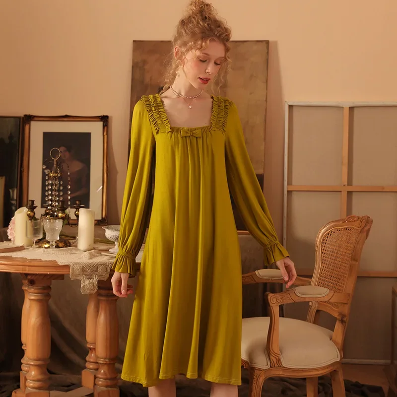 

Spring Fairy Modal Night Dress Princess Sleepwear Nightwear Women Cute Square Collar Full Sleeve Nightgown Green Long Nightdress
