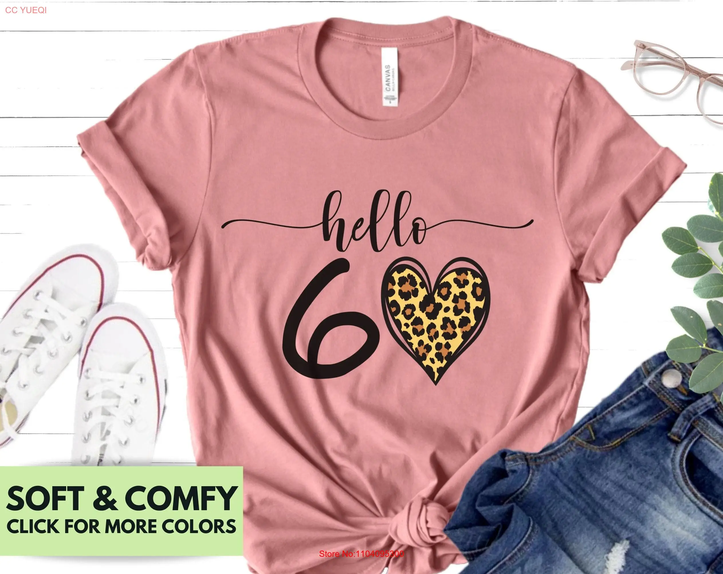 Hello 60 HearT T Shirt for 60th Birthday Sixtieth Women Her Cute Leopard Print long or short sleeves