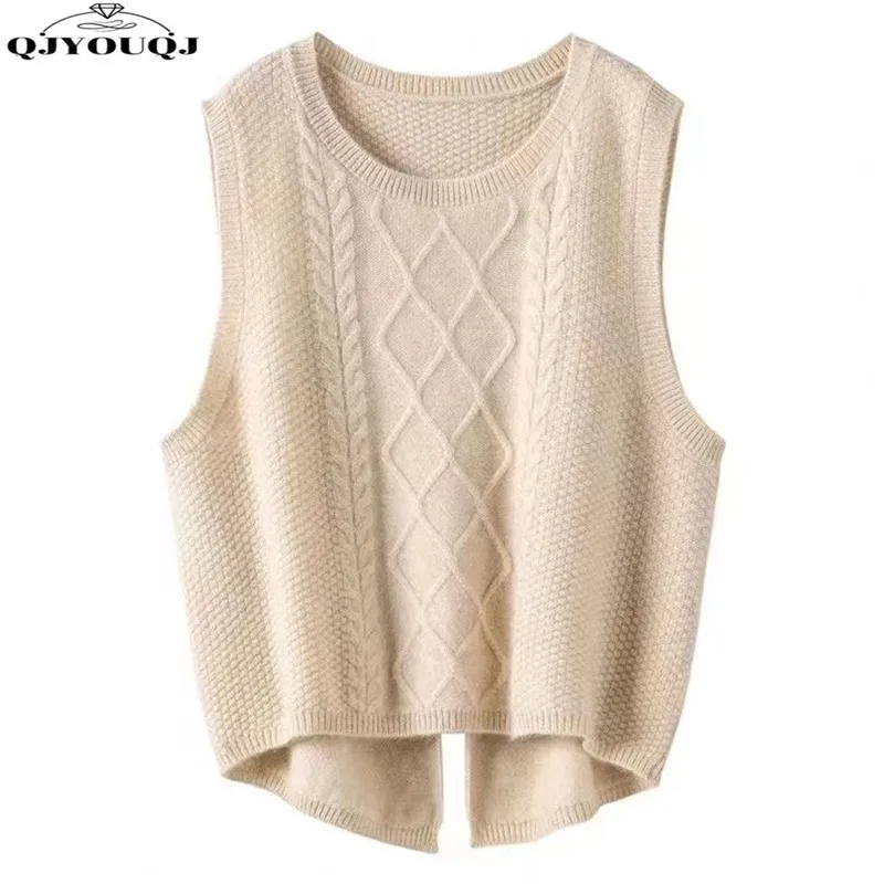 Knitted Vest for Women\'s New Solid Round Neck Short Spring and Autumn Camisole with Open Shoulder and Sleeveless Sweater