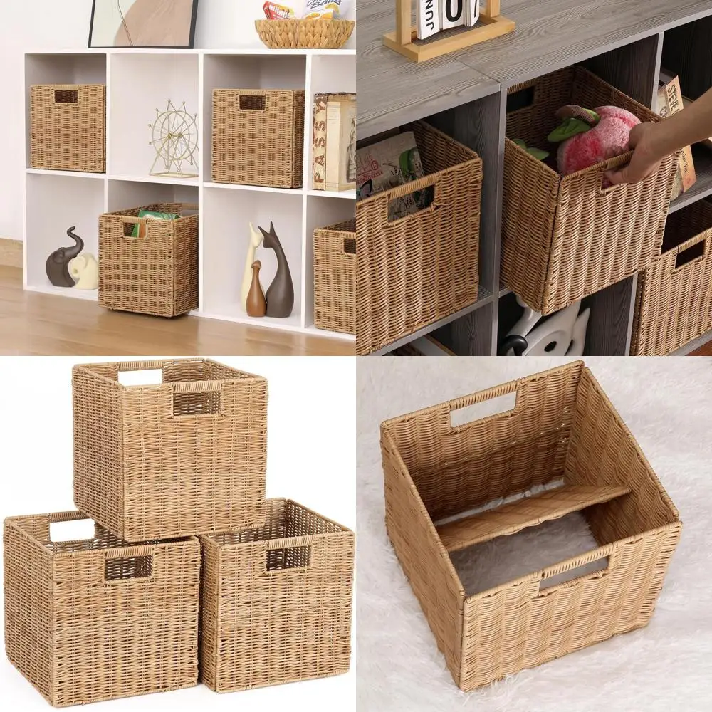 

Collapsible Khaki Plastic Wicker Cube Storage Baskets Set of 3 for Shelves