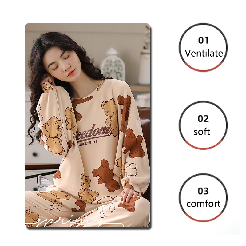 Autumn Winter Women Long-Sleeved Large Size Fashion Soft Casual Cartoon Bear Balloon Sailboat Printed Loungewear Girl Sleepwear