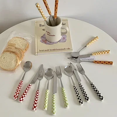 3pcs Ins Style Checkerboard Stainless Steel Knife Fork And Spoon Ceramic Handle Steak Knife Fork And Spoon Set Popular Tableware