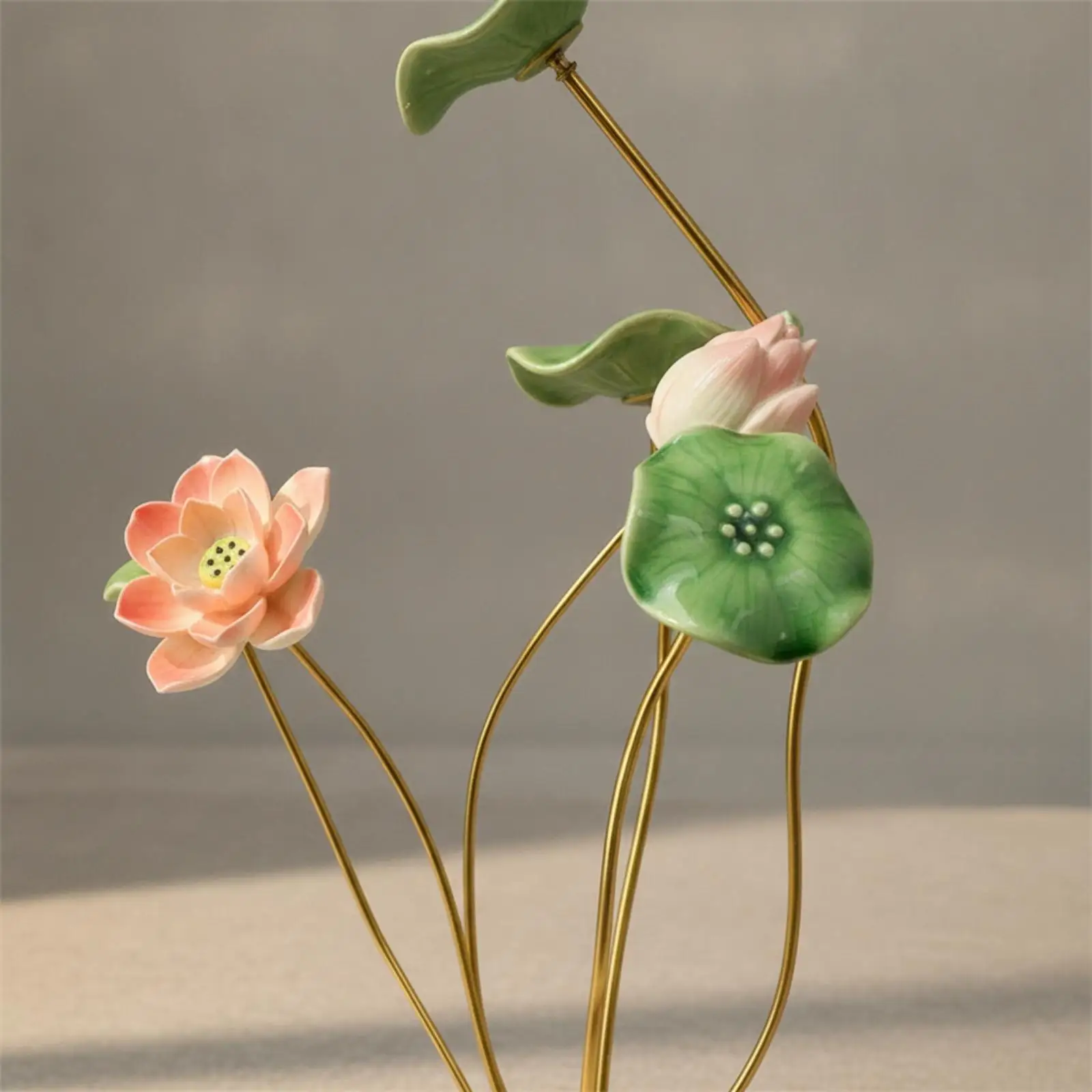 Elegant Ceramic Lotus Ornament Sculpture with Gold Metal Details for Entryway Luxury Indoor Decorative Art