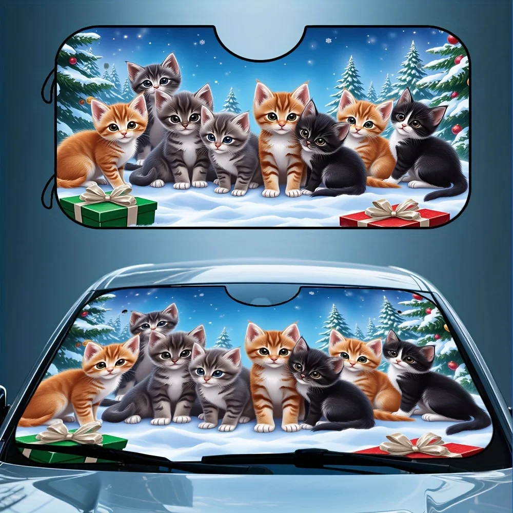 1pc Christmas Car Windshield Sunshade With 6 Adorable Kittens In Snowy Winter Scene Print - Foldable Fit Front Visor Cover For H