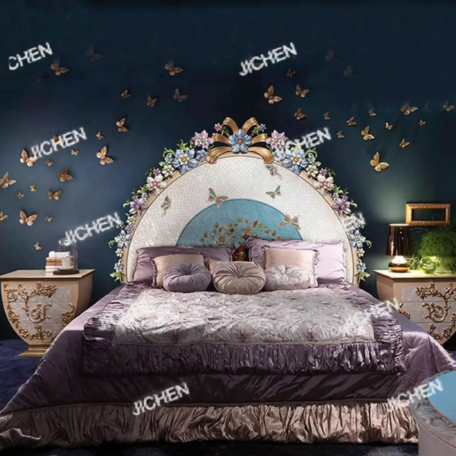 HS French inlaid shell parquet painted solid wood double bed European gold foil classical wedding bed