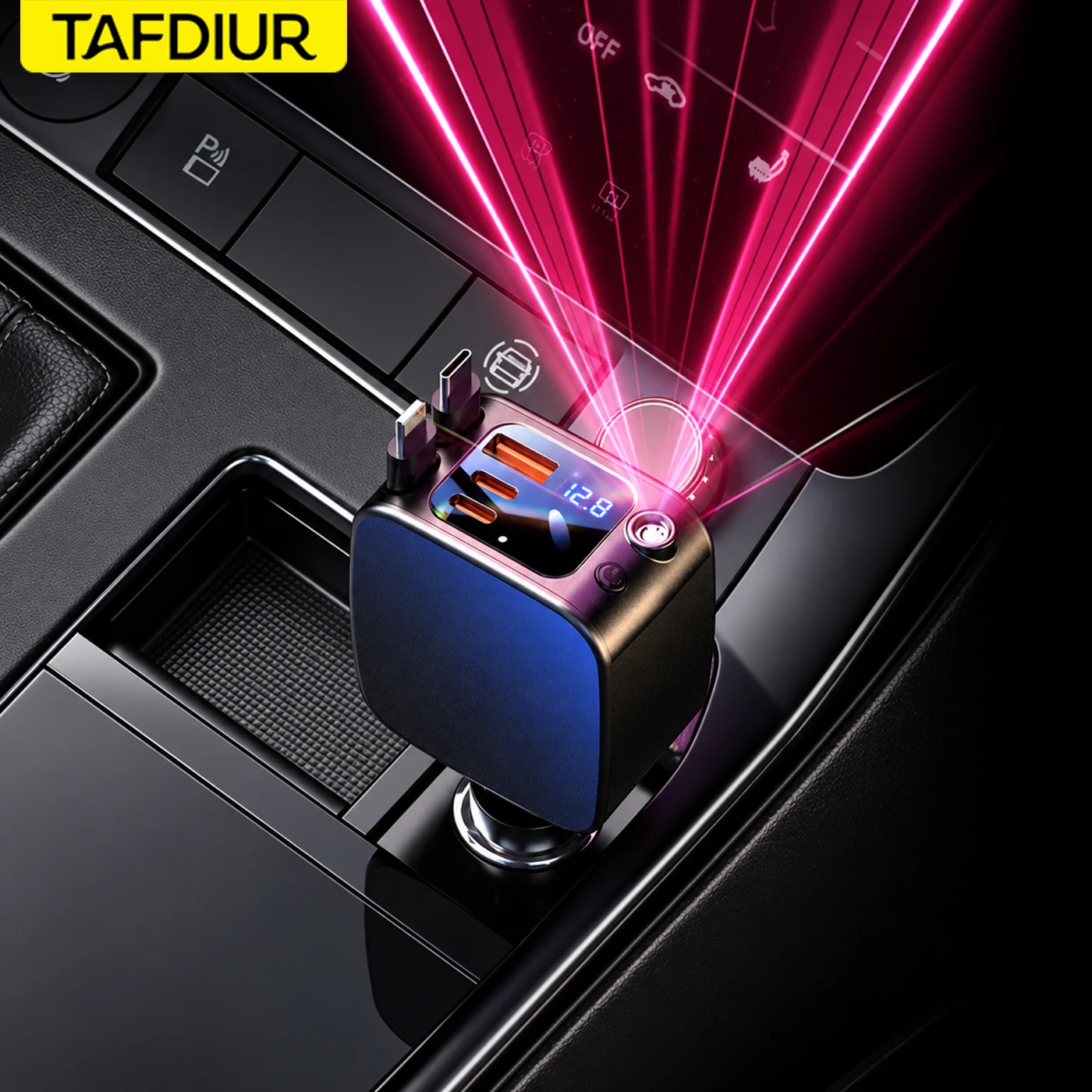 Tafdiur 1 Piece Black Abs Material 66W Fast Charging 3Usb Ports + 1 Type-C + 1 Apple Port Car Cigarette Lighter Charger Splitter, Five-In-One Retractable Car Charger, with Red Starry Sky Ceiling Light, Fast Charging with Voltage Display, Suitable for Iphone/Huawei/Samsung
