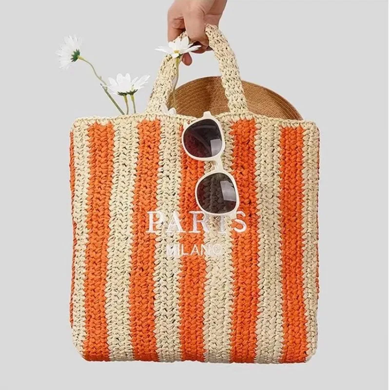 Women's fashion striped grass woven handbag letter woven handbag handmade summer beach bag travel shopping large capacity bag