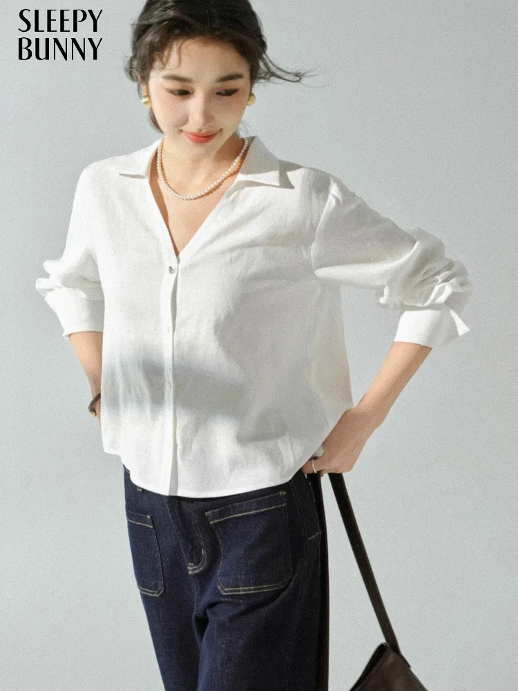 

Linen V Neck Shirt Women Classic White Button Down Blouse Autumn Fit Long Sleeve Top Casual Lightweight Office Wear Daily Outfit