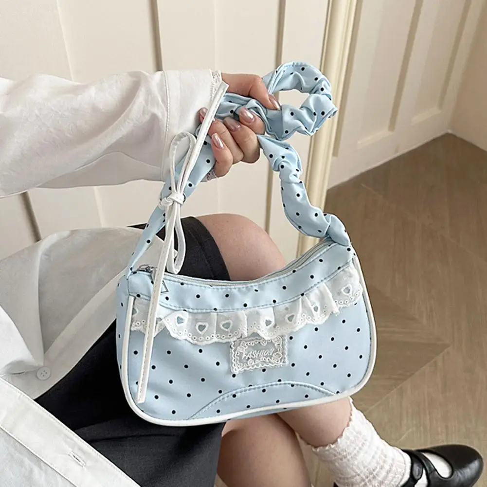 Niedliche Spitzen-Schultertasche mit Tupfenmuster, Süße Unterarmtasche mit Schleife, Y2k Mode, Lässige Umhängetasche, Crossbody-Tasche – Detail 30