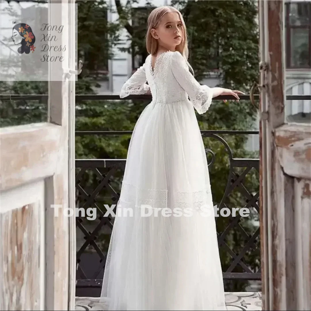 Gorgeous Ivory Long Lace Flower Girl Dresses Pearls Half Sleeves Princess Holy First Communion Dress Tulle Wedding Party Dress