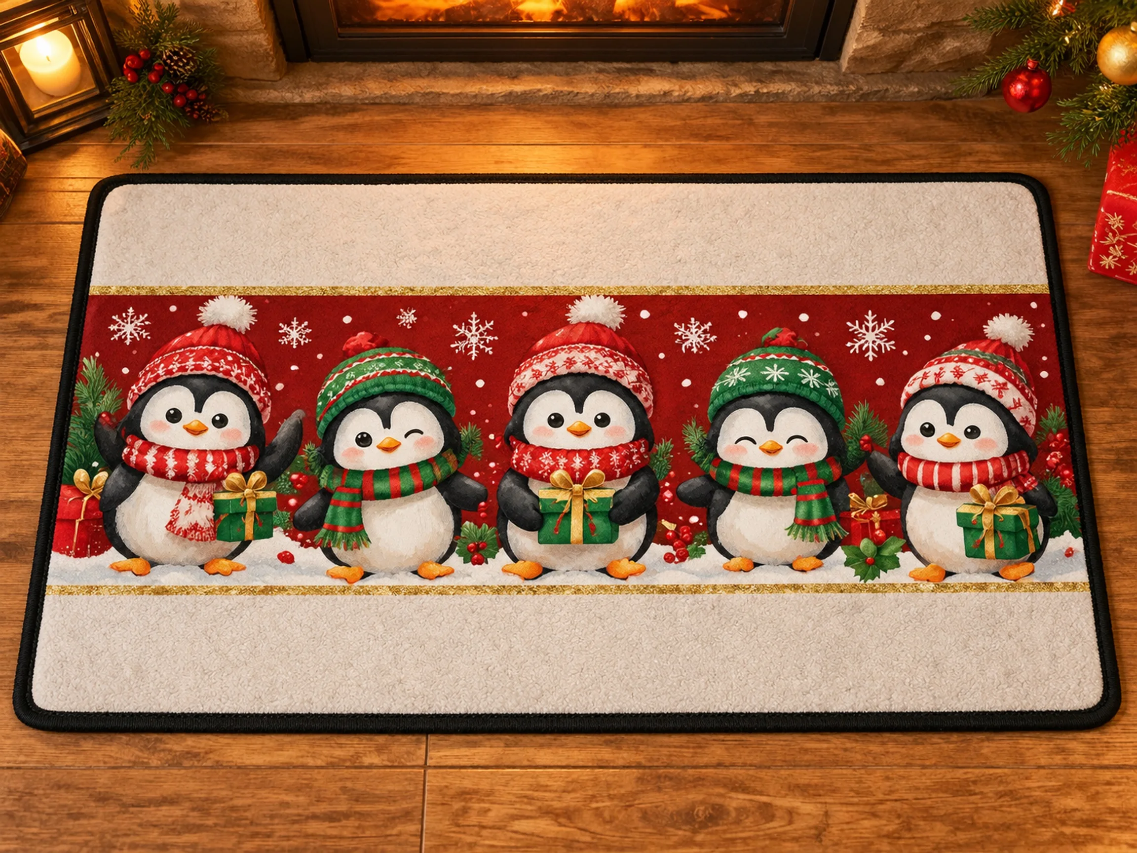 VIKAMA Christmas Pink Gold Penguin Flannel Door Mat, Anti-Slip Washable Xmas Rug, Xmas Decor for Bathroom, Hallway, Bedroom