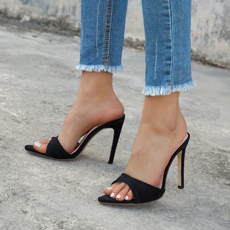 Fashion New Foreign Trade Pointed Toe Thin Heel with High Heel Fashion Plus-size Women's Slippers