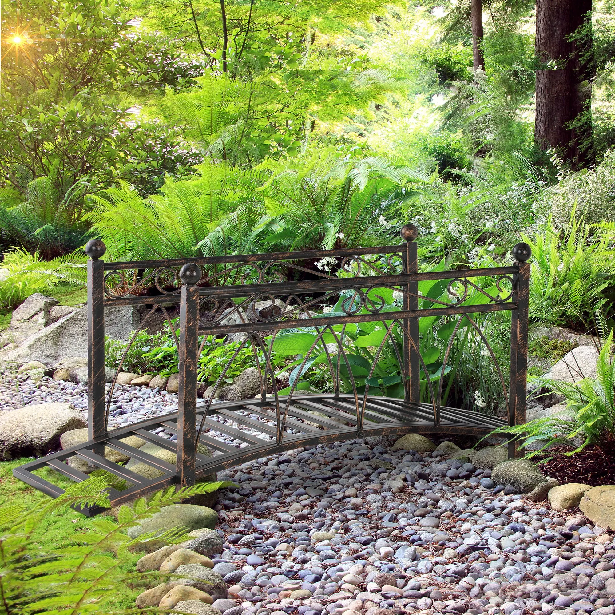 3.3' Metal Garden Bridge, Safety Railings, Spheres, Scrollwork for Pond, Stream