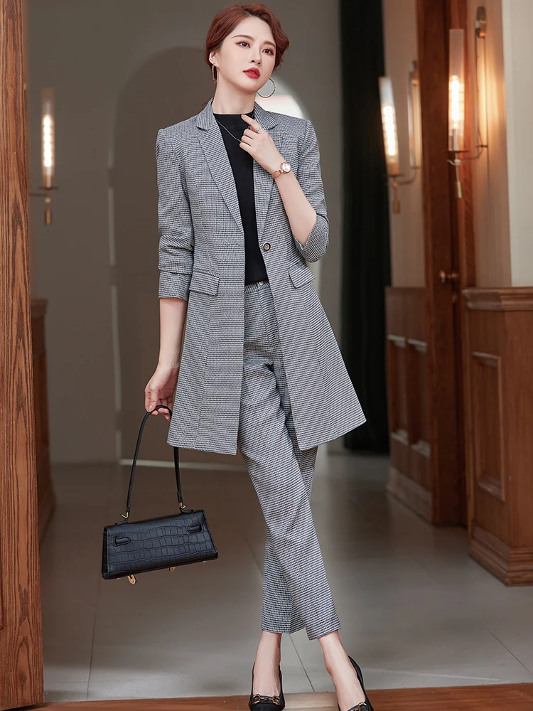 Office Ladies Business Work Wear Formal Pant Suit Women 2 Piece Set Female Long Yellow Gray Red Plaid Blazer And Trousers