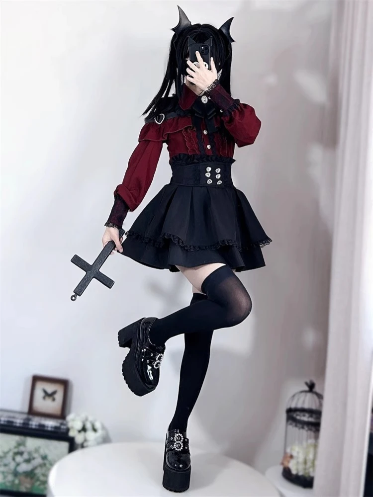 

2026 New Vintage Aesthetic Lolita Bow Dress+Button Off-shoulder Shirt Set Y2k Japanese Women Gothic Lace Punk Party Mini Dresses