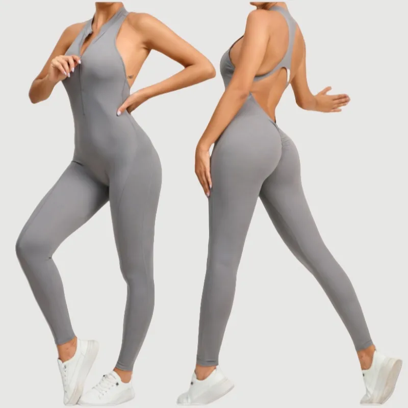 

Women's Seamless Yoga Jumpsuit - Zip Front with Back Cutout - Booty Ruched - Workout Bodysuit for Running Fitness