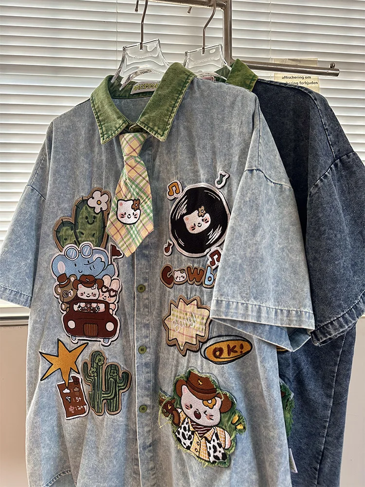 Summer and Autumn New American Retro Men's Loose Cartoon Embroidered Denim Short Sleeve Shirt Couple Casual Long Sleeve Shirt