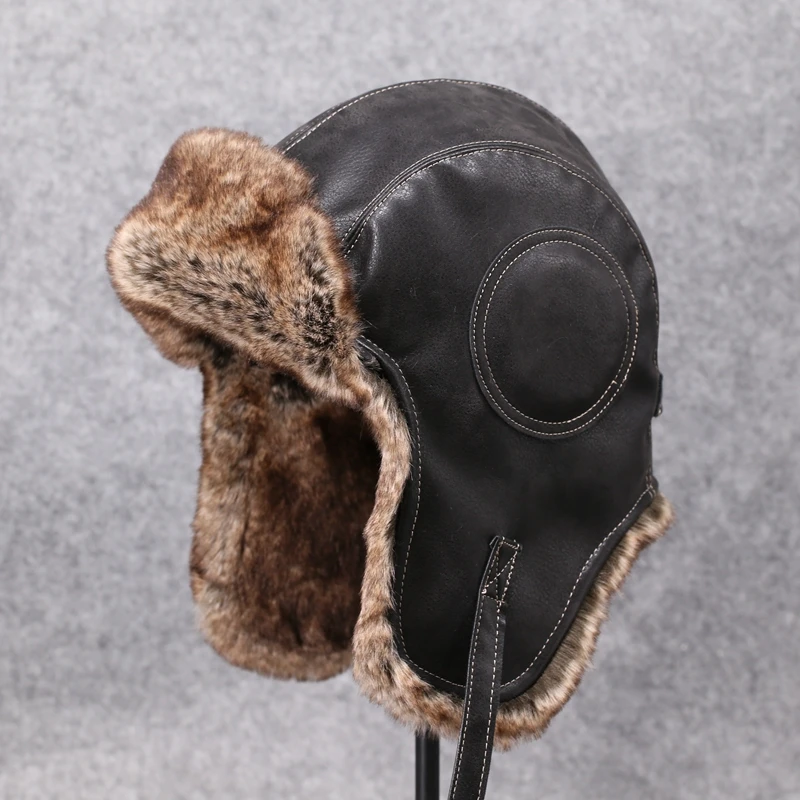 Fashion Winter Hat Men Women\'s Pilot Aviator Bomber Trapper Hat Faux Fur Leather Snow Cap with Ear Flaps PU