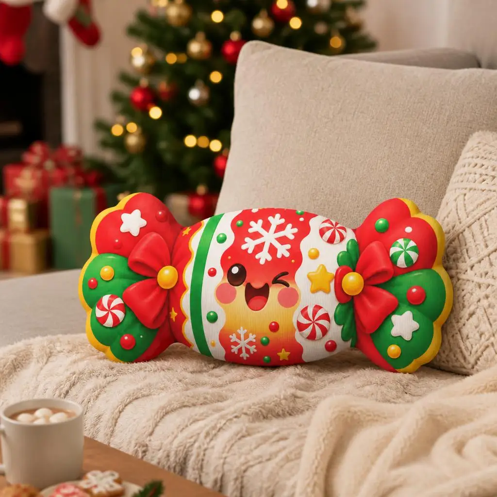 Christmas Candy Shaped Pillow Cute Kawaii Sweet Treat Cushion Holiday Winter Throw Pillow for Sofa Bedroom Home Decor Gift