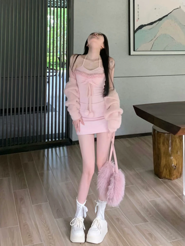 2023 Autumn Elegant 2 Piece Dress Set Women Casual Short Knitted Cardigan + Y2k Sweet Mini Strap Dress Korean Fashion Dress Suit