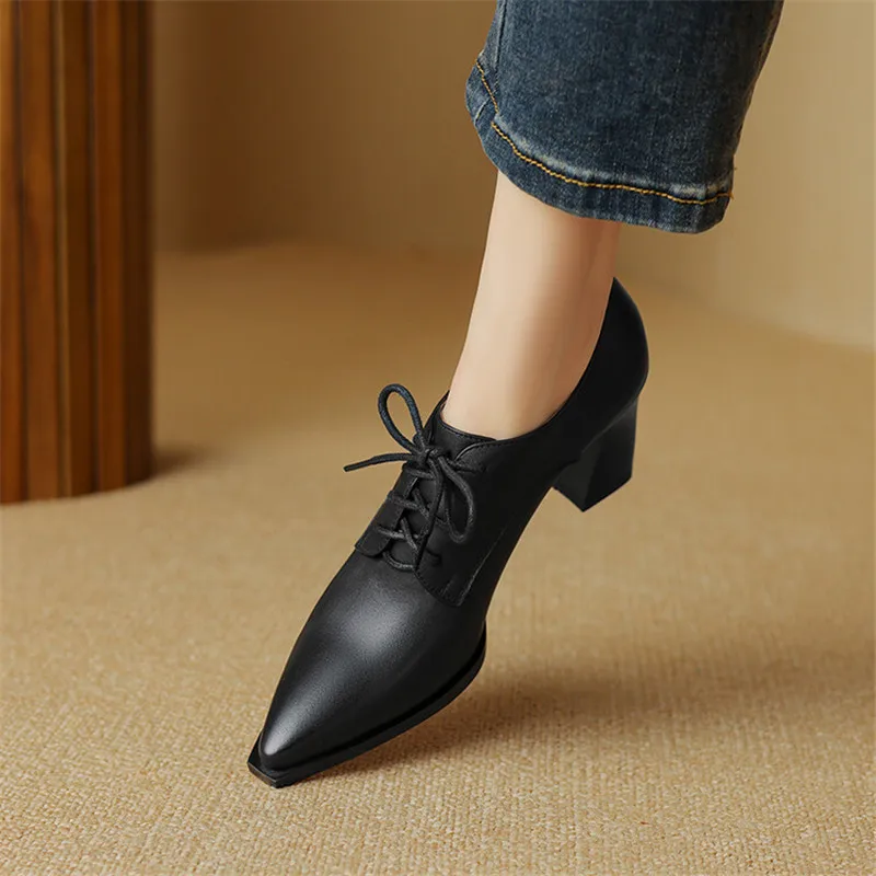 New Spring Cow Leather Women Shoes Pointed Toe Women Pumps Shoes for Women Lace High Heels Zapatos Mujer Loafers Ladies Shoes