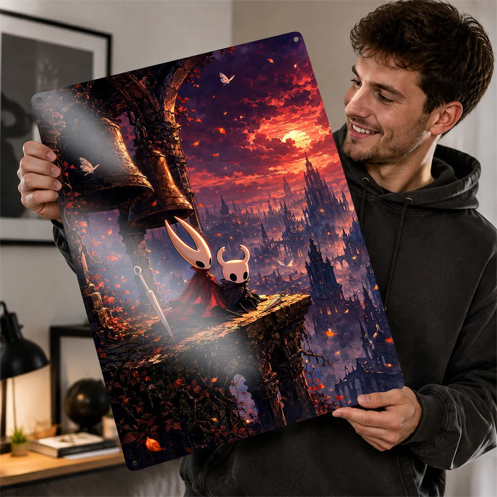 Hollow Knight And Hornet At Sunset Aluminum Poster Illustrated Wall Art For Gaming Room Personalized Metal Sign Birthday Gift