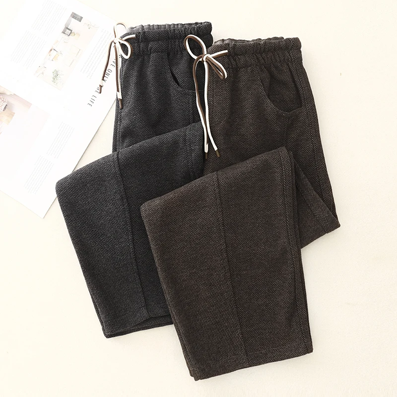 Thiened Warm Casual Pants for Women High Quali Faionable All-Match Long Trousers Autumn Winter Straight Leg Cotton Blend