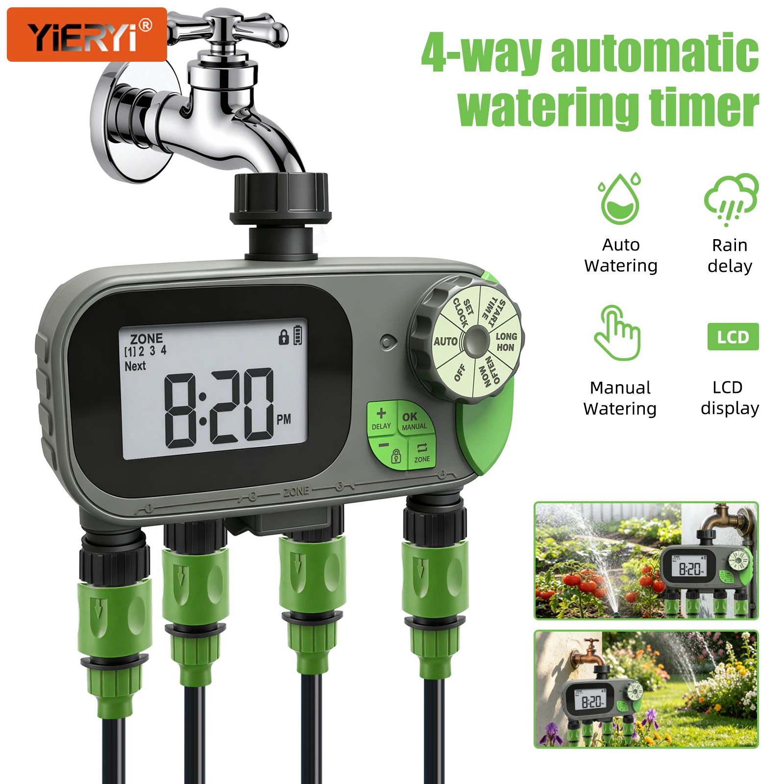 YIERYI 4 Way Water Timer Automatic Garden Irrigation Controller 4 Zone Digital Watering System IP54 Waterproof Rain Delay