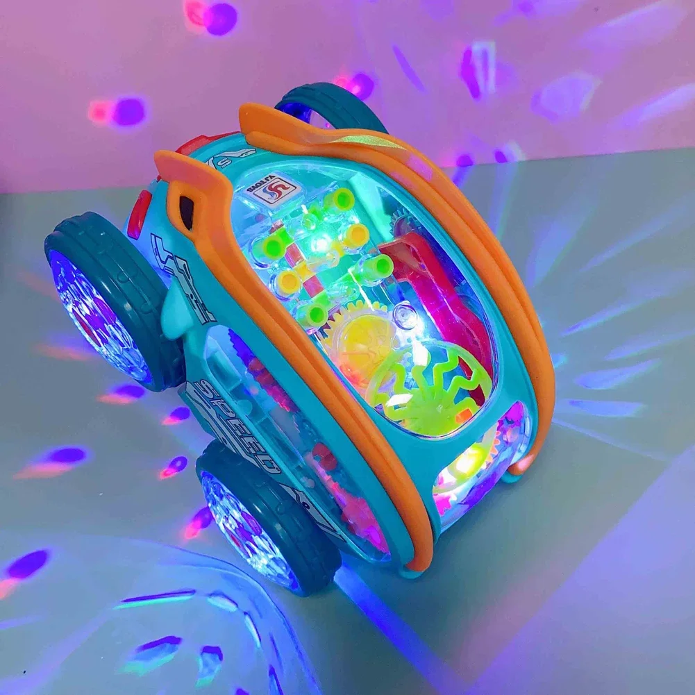 Elektrische Stunt Getriebe Auto Spielzeug Rotierenden Pull-back Transparent Auto Mit LED Sound Baby Schiebe Fahrzeug Kinder Jungen Neujahr geschenke