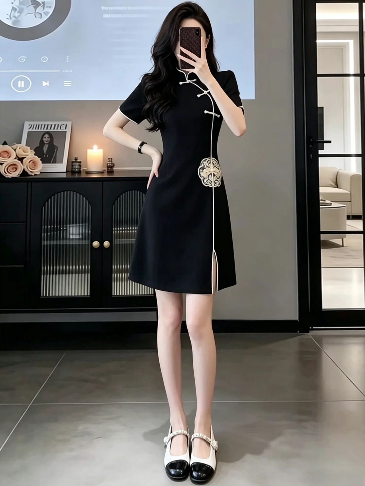 

Elegant New Chinese Style Fitted Black Dress Women's Summer Fashion Retro Waist-Cinching Slimming Midi Dress for Date And Party