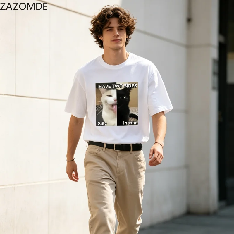 ZAZOMDE Oversized Loose Fit T Shirt Viral Split Cat Meme Graphic I Have Two Sides Slogan Print Summer Casual O Neck Unisex Tees