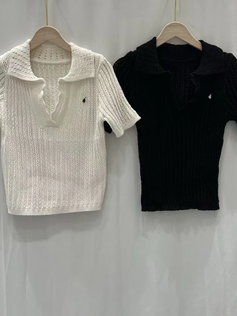 

Модный корейский стиль VIBE: вязаный топ с коротким рукавом и вырезами для женщин, новинка весна-осень, повседневный шик