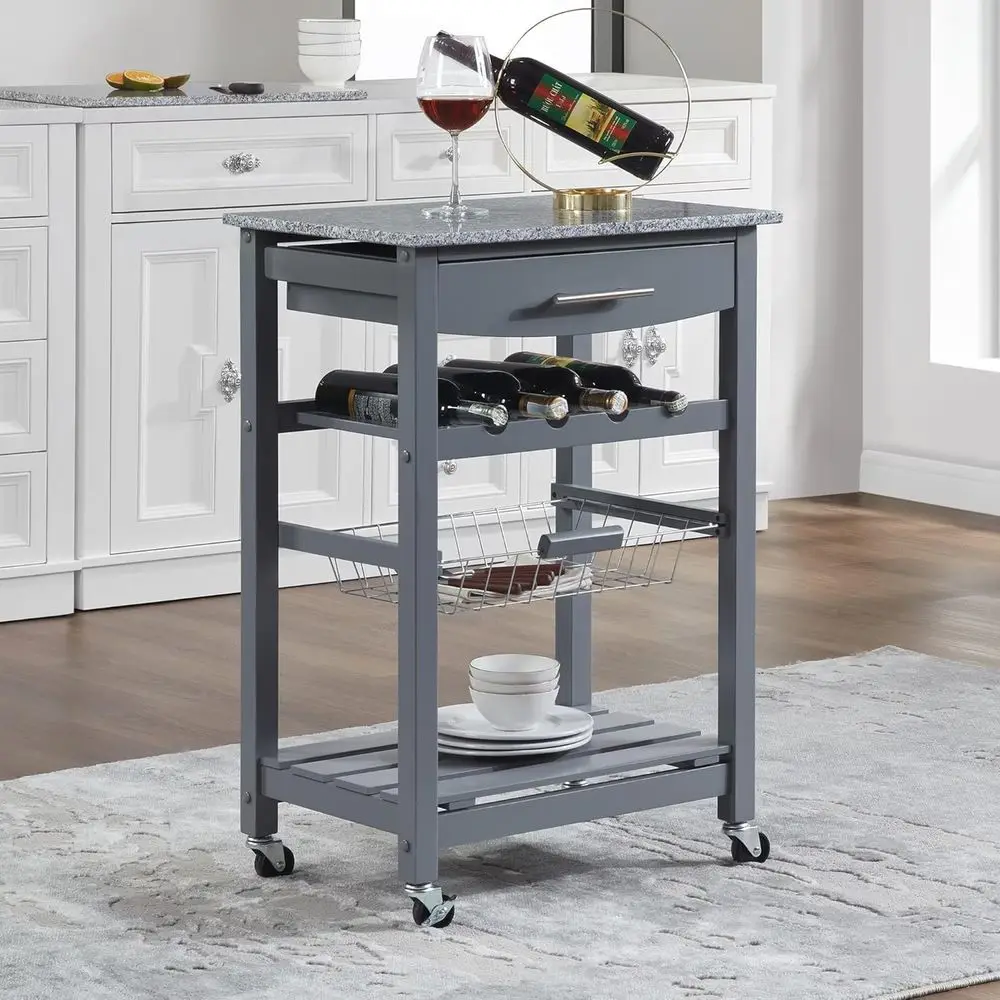 

Gray Marble Small Mobile Kitchen Island Trolley with Undershelf and Slide-Out Wire Basket