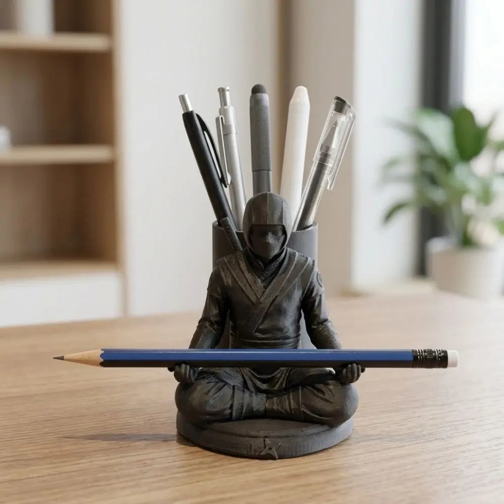 3D Printed Ninja Figurine Pen Holder Funny Realistic Meditating Ninja Desk Stand Dark Style Plastic Stationery Storage Holder