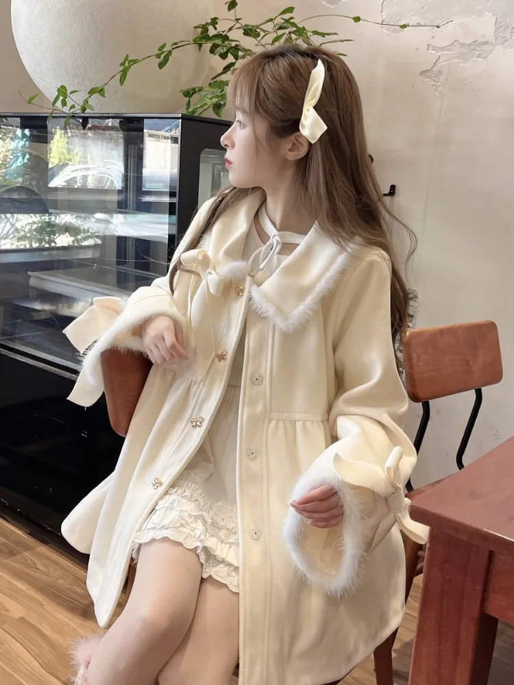 Sweet Girl Students Fur Patchwork Loose Jackets Women Y2k Aesthetic Single Breasted Coats 2024 Harajuku Kawaii Cute Bow Jacket