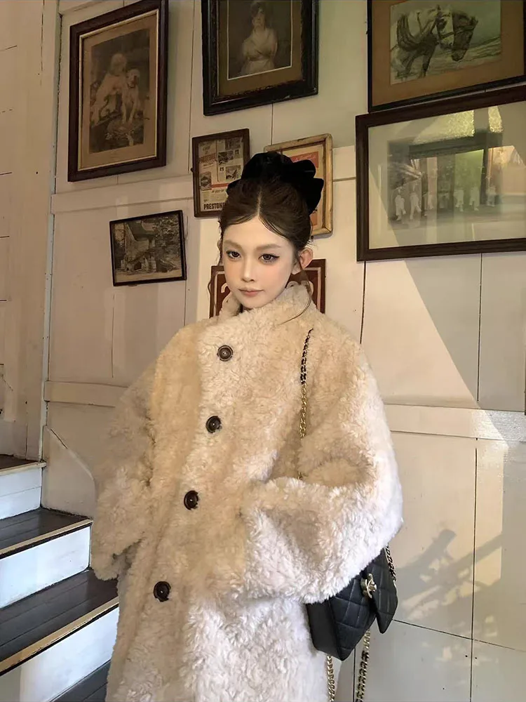 Winter Faux Lamb Coats Women Korean Loose Lazy Style Hairy Jacket Y2K Thick Single Breasted All Match Warm Fur Outerwear New