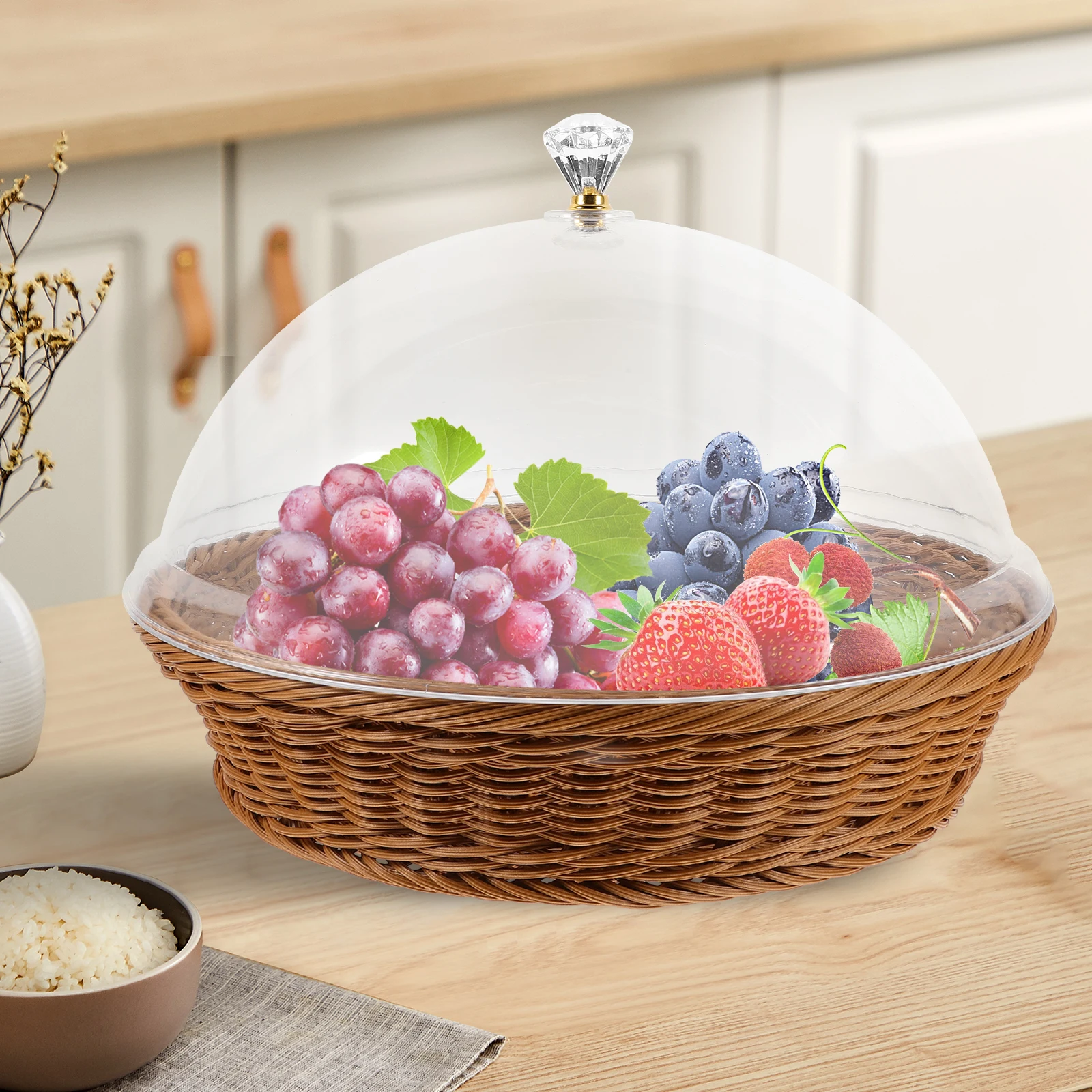 

36cm Transparent Lid Food Fresh keeping Basket Woven Storage Tray Bread Fruit Dessert Snack Container Acrylic Serving Basket For