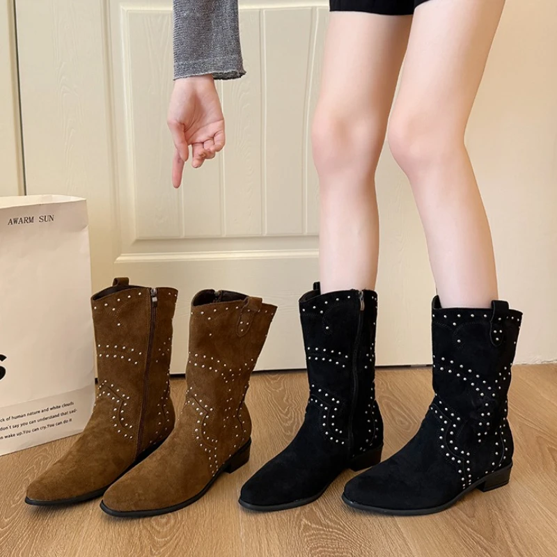 

Осенние винтажные женские ботильоны на толстом каблуке, модные туфли без шнуровки с украшением и заклепками, современные короткие Botas Para Mujer