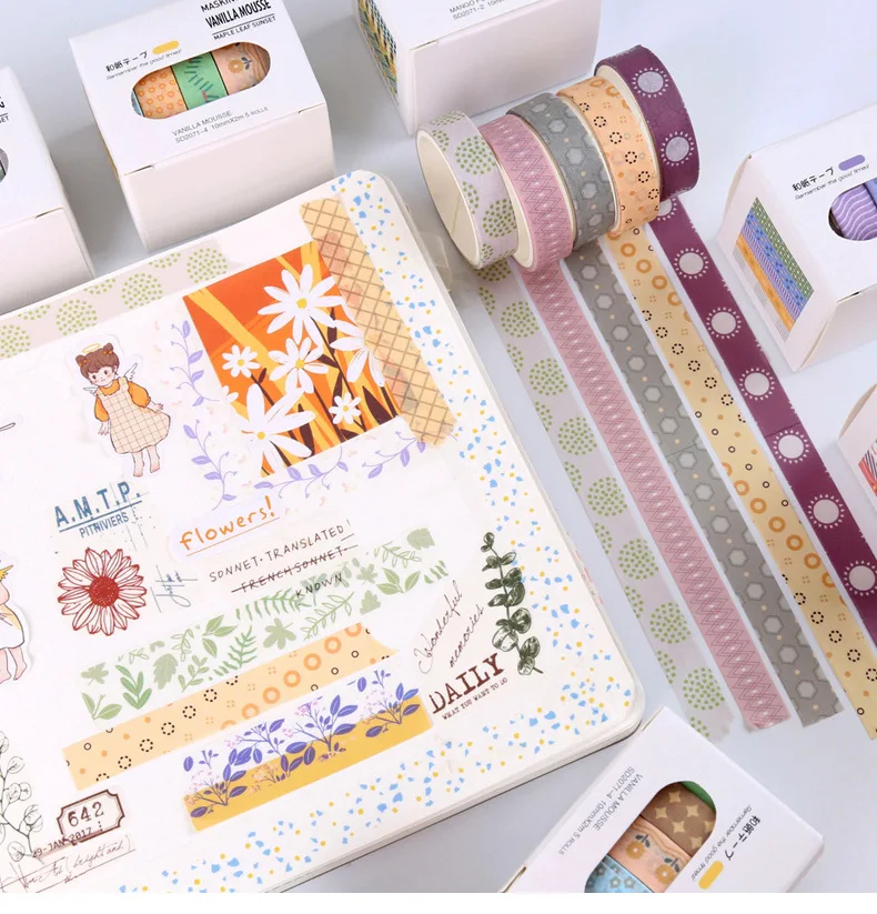 5 Rolls/set Maple Sugar Sunset Series Kawaii Pattern Landscape Washi Tape Creative DIY Journal Material Collage Stationery