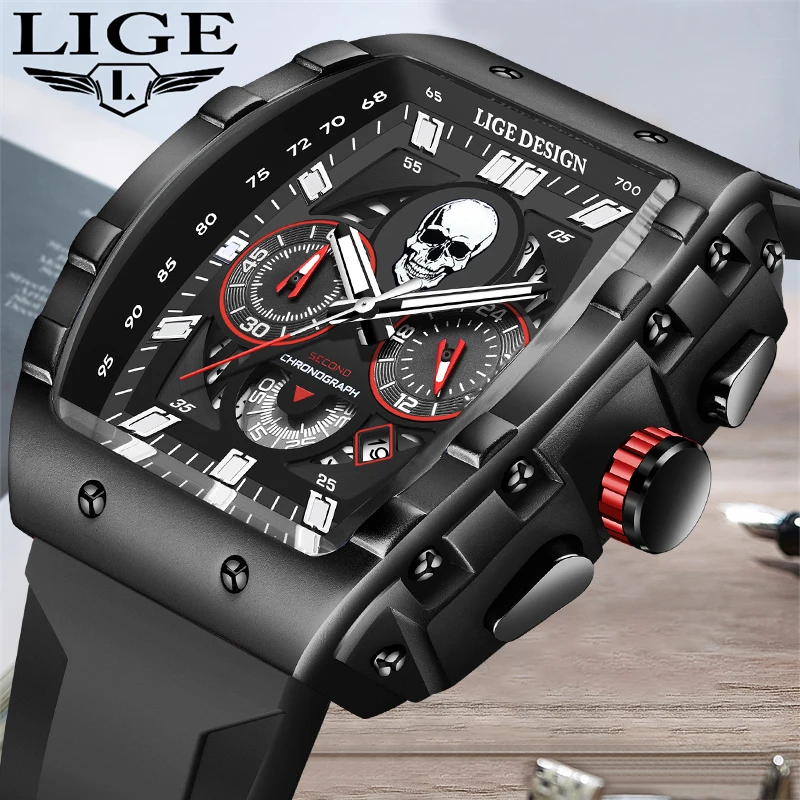 LIGE Fashion Square Silicone Watches For Men Top brand Luxury Skull Design Watch Men Military Sport Waterproof Quartz Men Watch