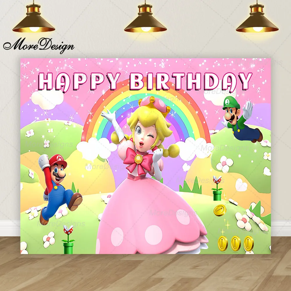 Super mario bros foto pano de fundo crianças festa de aniversário decora pêssego princesa vinil poliéster tecido fundo pano banner