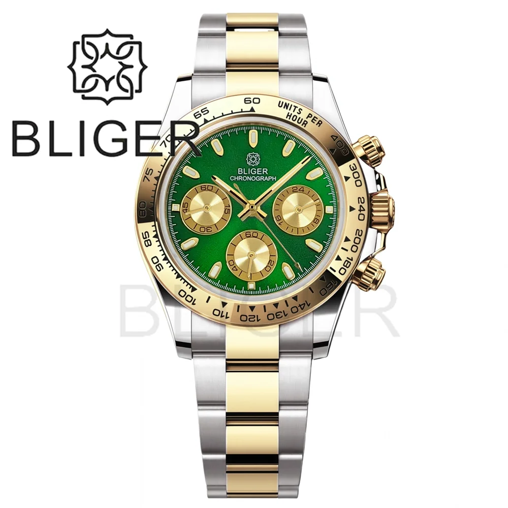 BLIGER 40MM Two Tone Gold Men's Multifunctional Quartz Watches VK63 Sapphire Glass Chronometer Luxurys Business Watch for Men