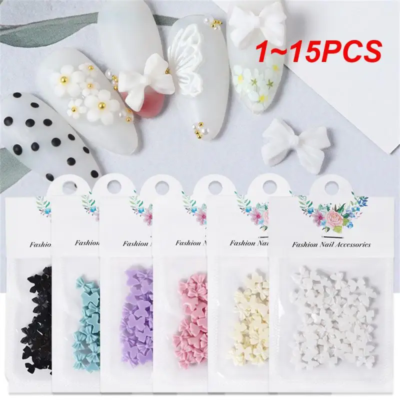 1~15PCS Kawaii Bow Nail Charms Korean Manicure Design Decorations White Beige Resin Rhinestone Nail Art Supplies Parts